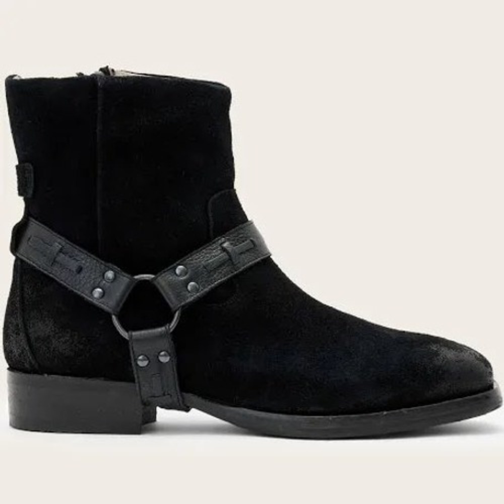 AllSaints Milton Harness Boots Black Suede Side Zip Ankle Boots Mens 10 EU 43